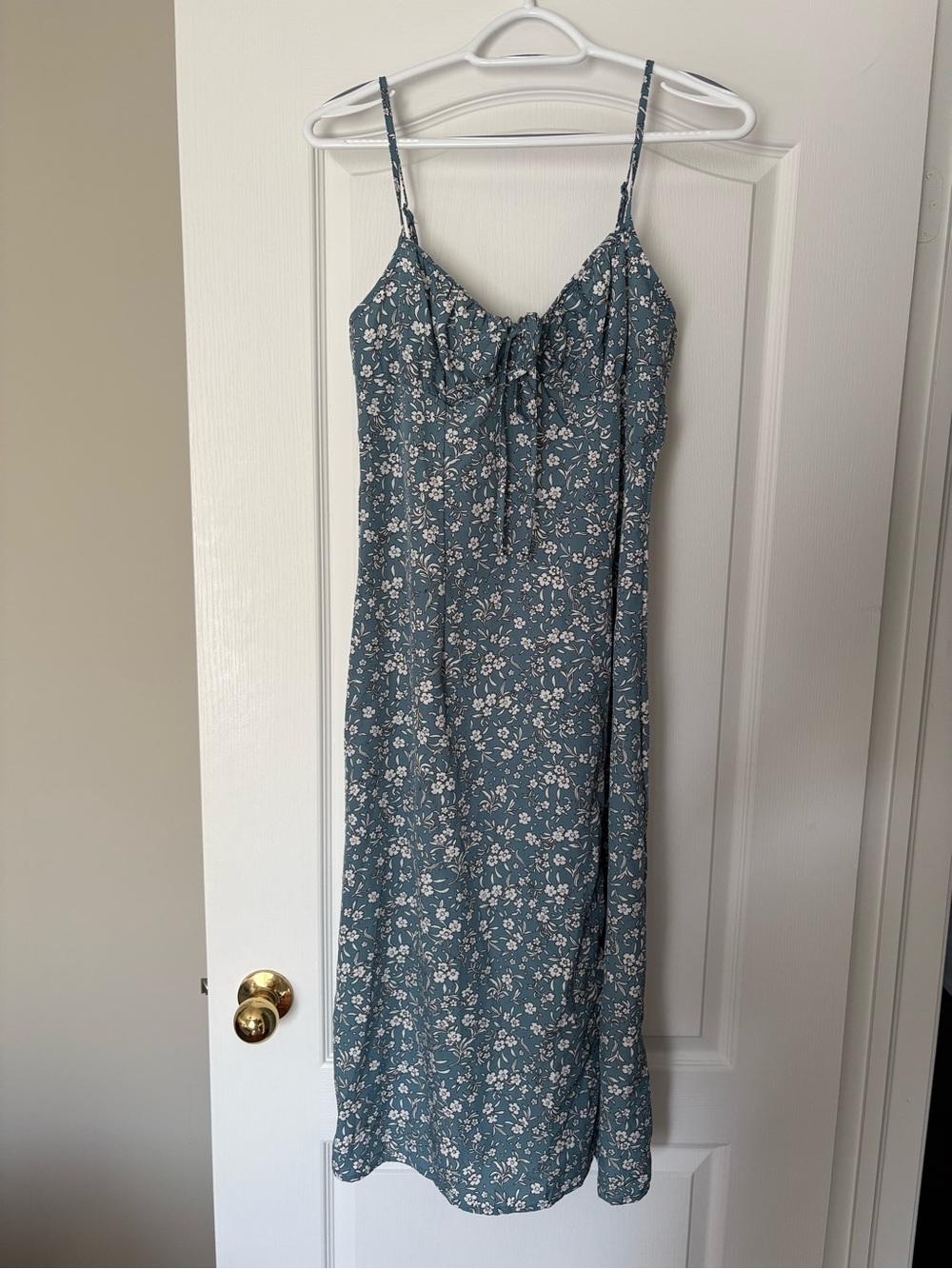 SHEIN Teal Blue Floral Midi Slip Dress with Tie Front